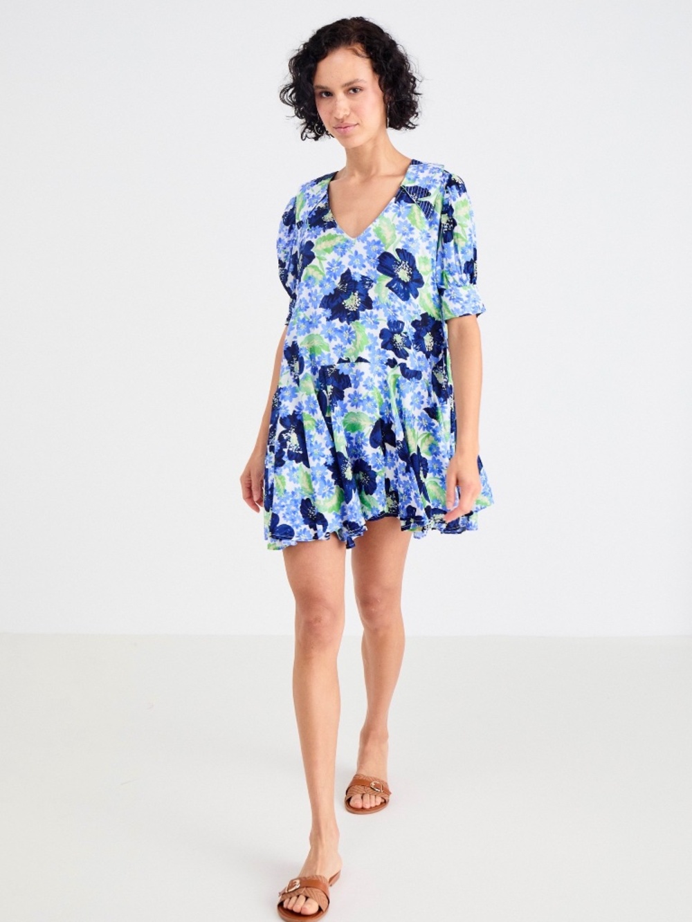 Breezy Free People babydoll blue and green printed mini dress size M NWT